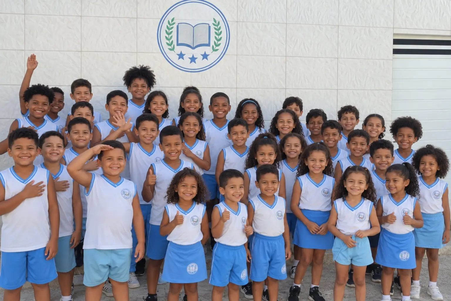 Alunos da Escola Cantinho da Criança, de farda branca com detalhes azuis, sorrindo diante do muro da escola